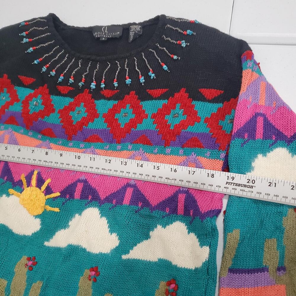 Vintage Carole Little Sweater Womens Small Multicolor Cactus Western Beaded Knit - Picture 5 of 7
